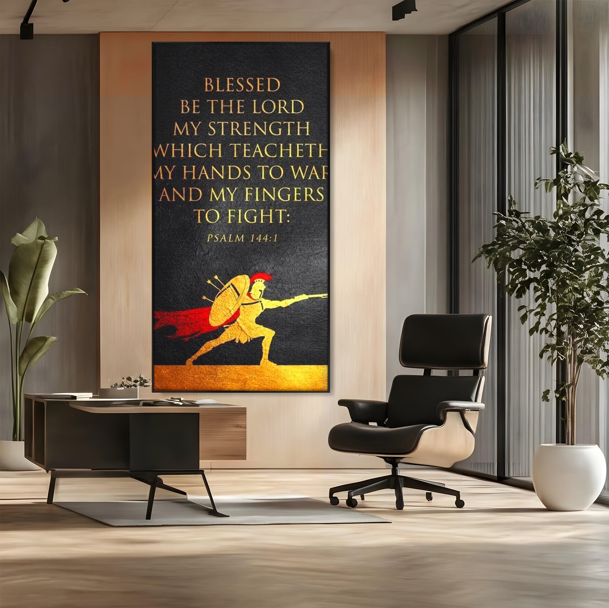 Tablou canvas cu tablou canvas cu razboinic antic si verset, in rama de aluminiu negru, pe perete intr-un birou